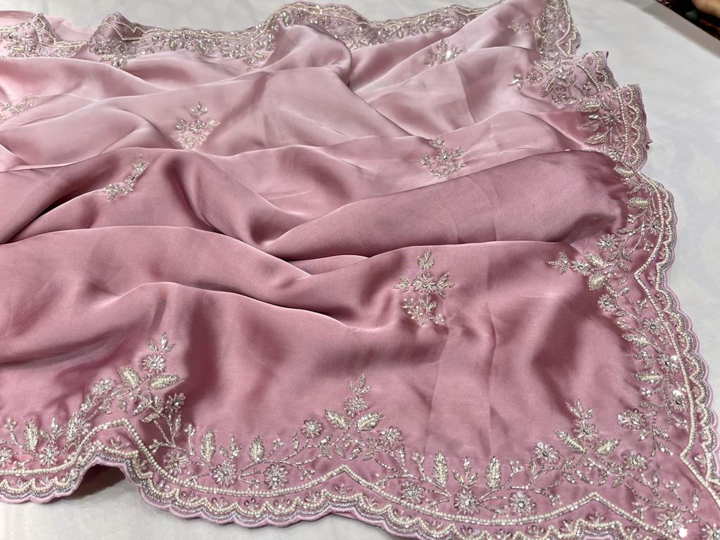 Satin shaded zardosi partywear saree - Saffronfashionindia