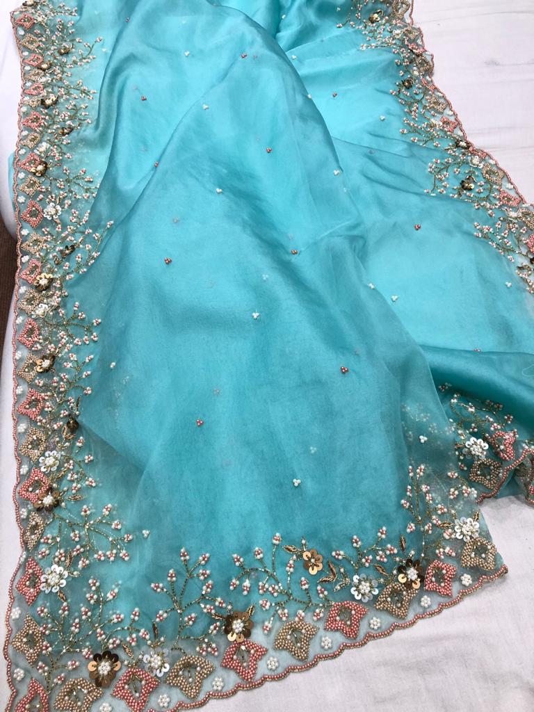 Organza Pearl saree - Saffronfashionindia