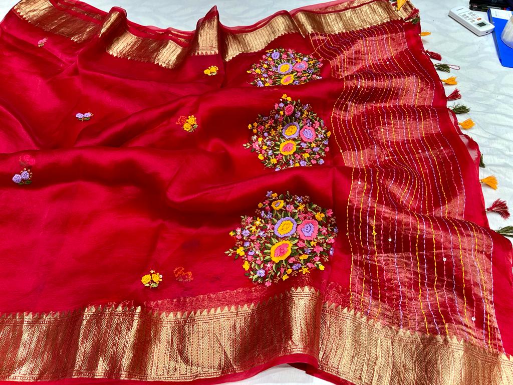 Kanchi organza Frenchknot saree - Saffronfashionindia
