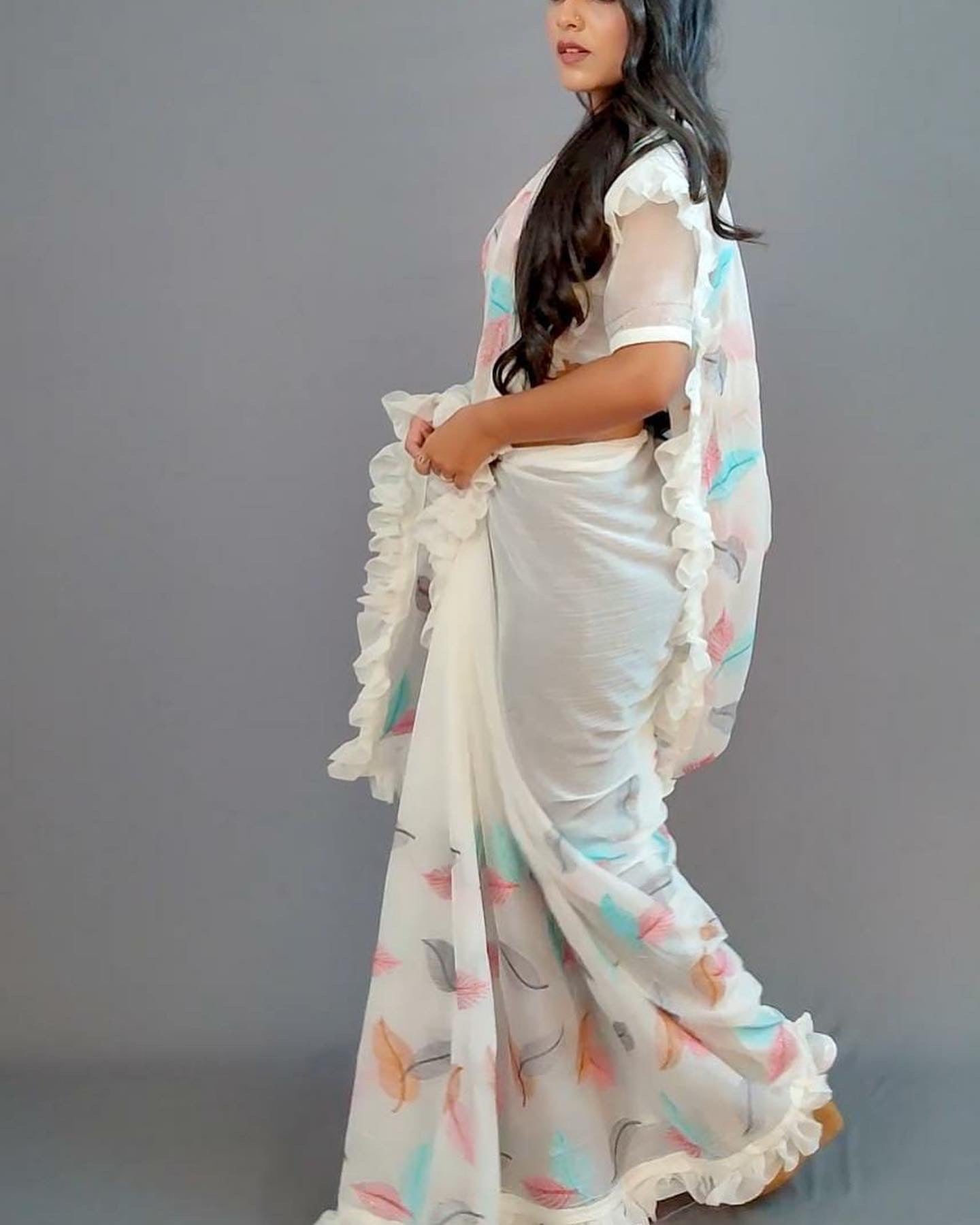 Ruffle chinon saree - Saffronfashionindia