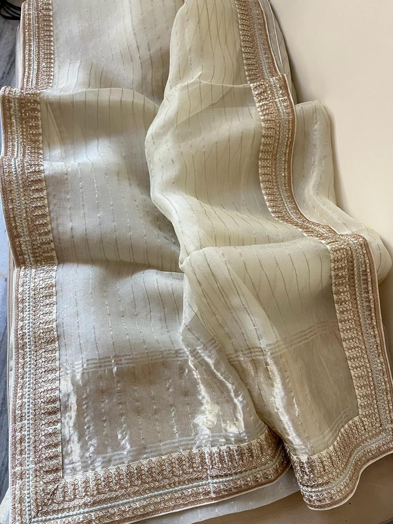 Striped organza saree - Saffronfashionindia
