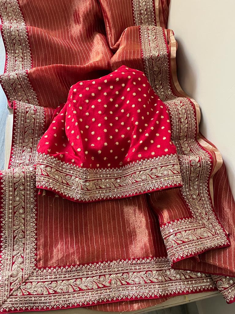 Tissue striped saree - Saffronfashionindia