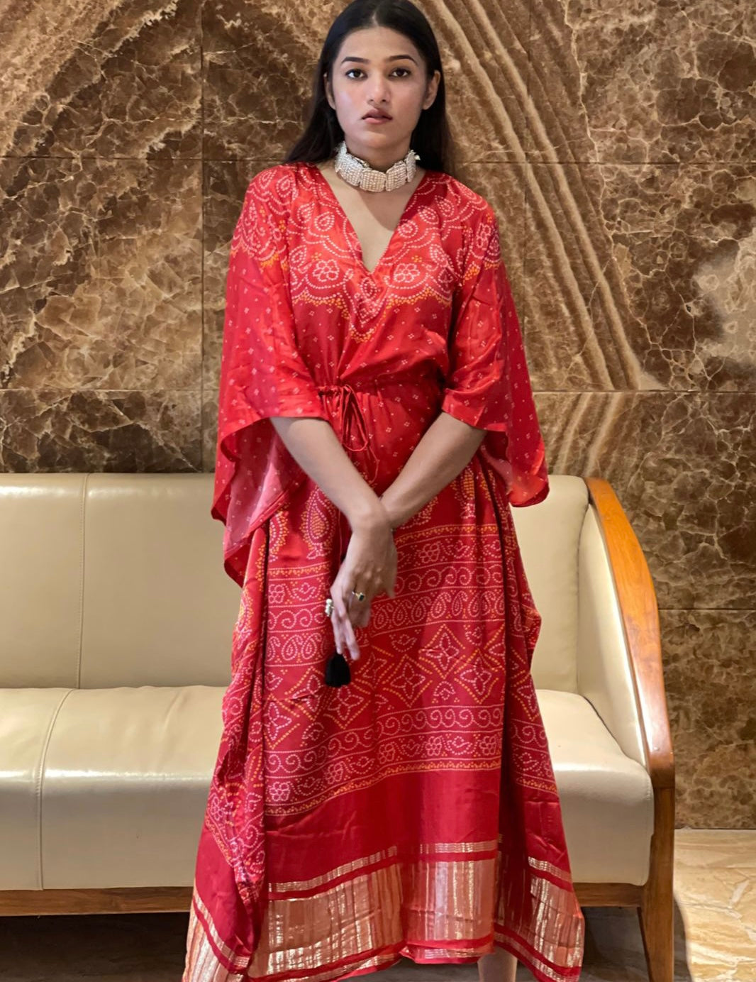 Red premium gajji silk kaftan - Saffronfashionindia