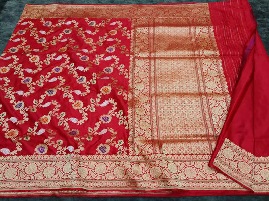 Bridal red Katan handloom saree - Saffronfashionindia