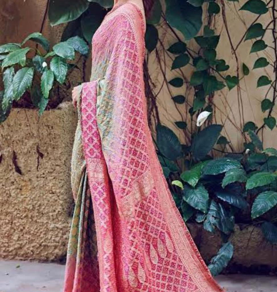 Weaving bandhani gorgette saree - Saffronfashionindia