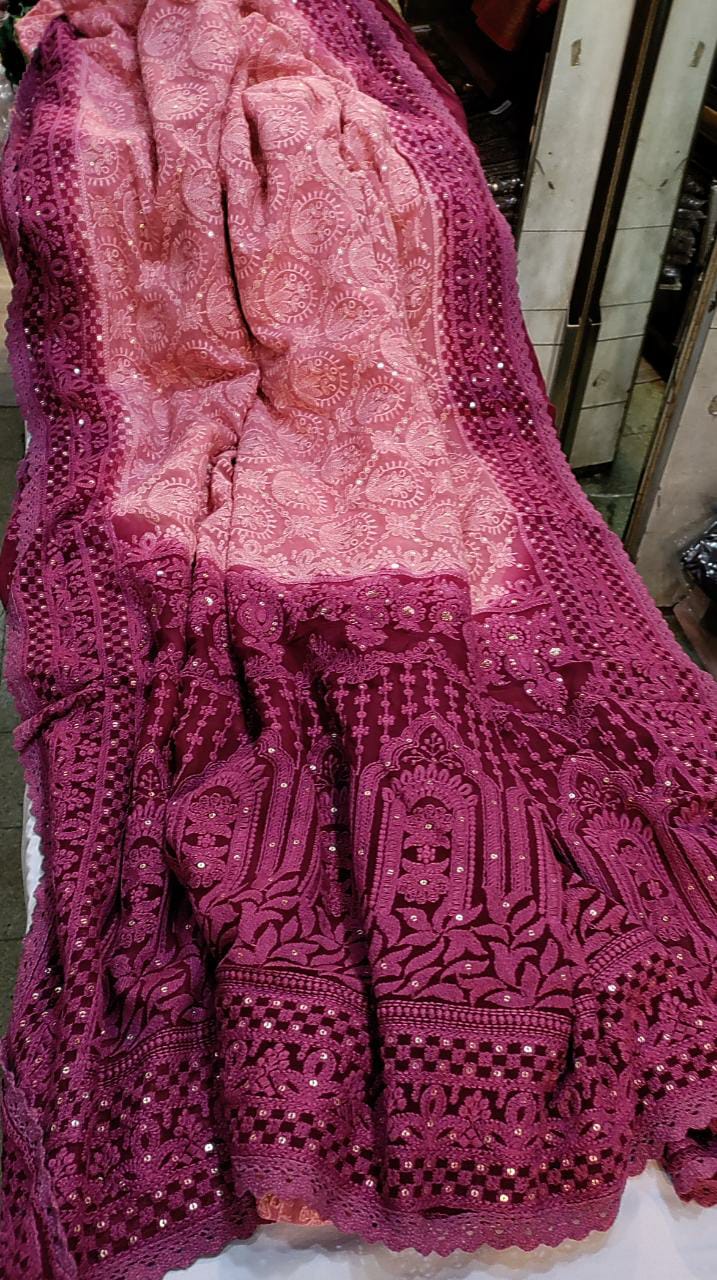Beautiful dyed Chikankari gorgette saree - Saffronfashionindia