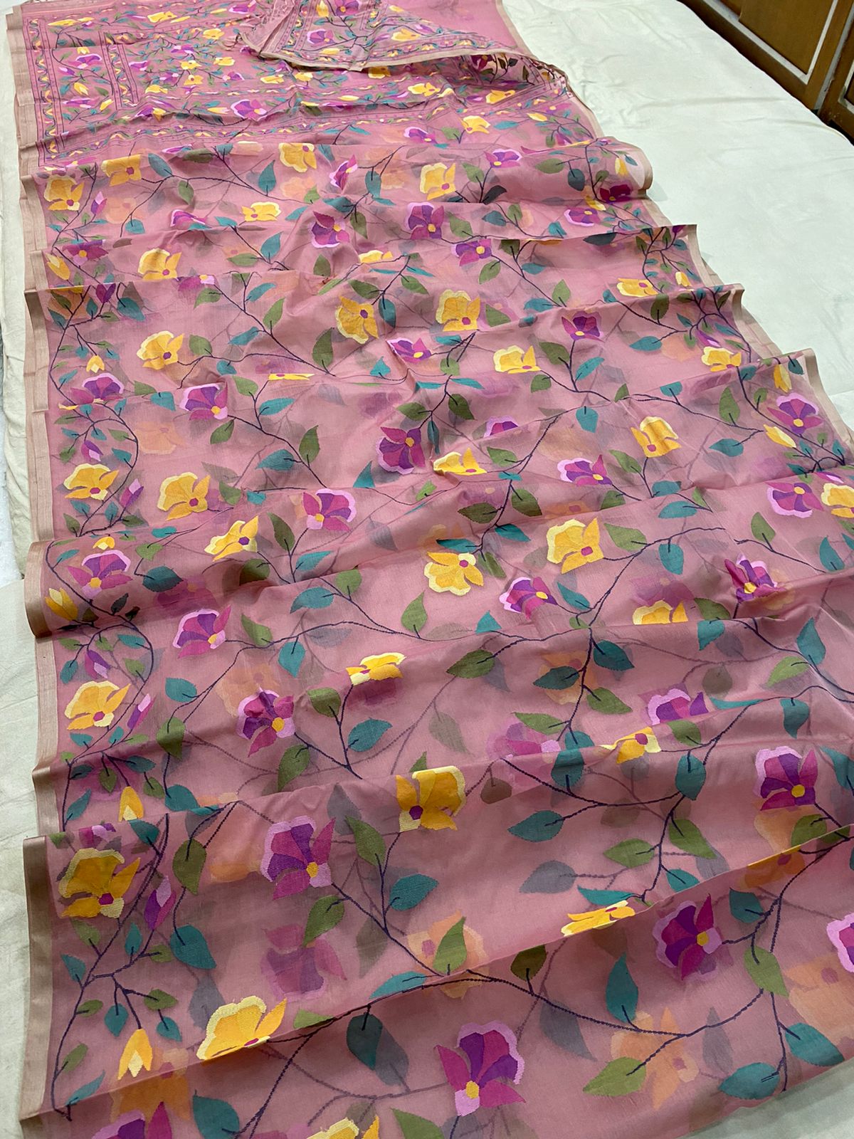 Pink muslin jamdani saree - Saffronfashionindia