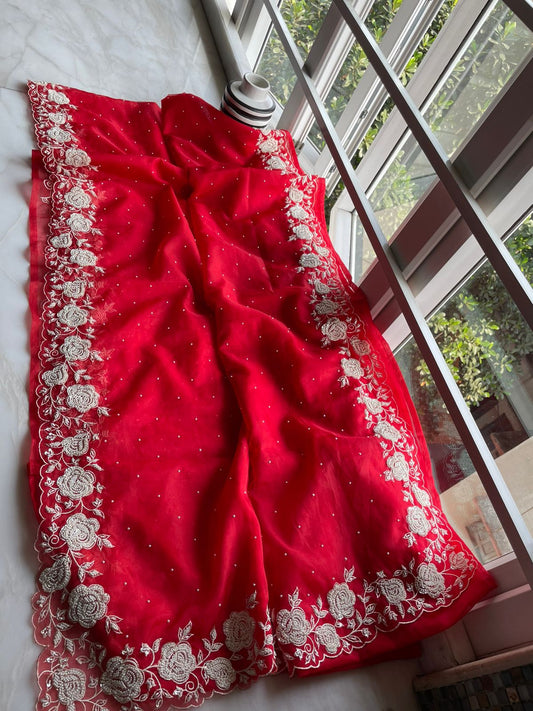 Red hot Pearl saree - Saffronfashionindia
