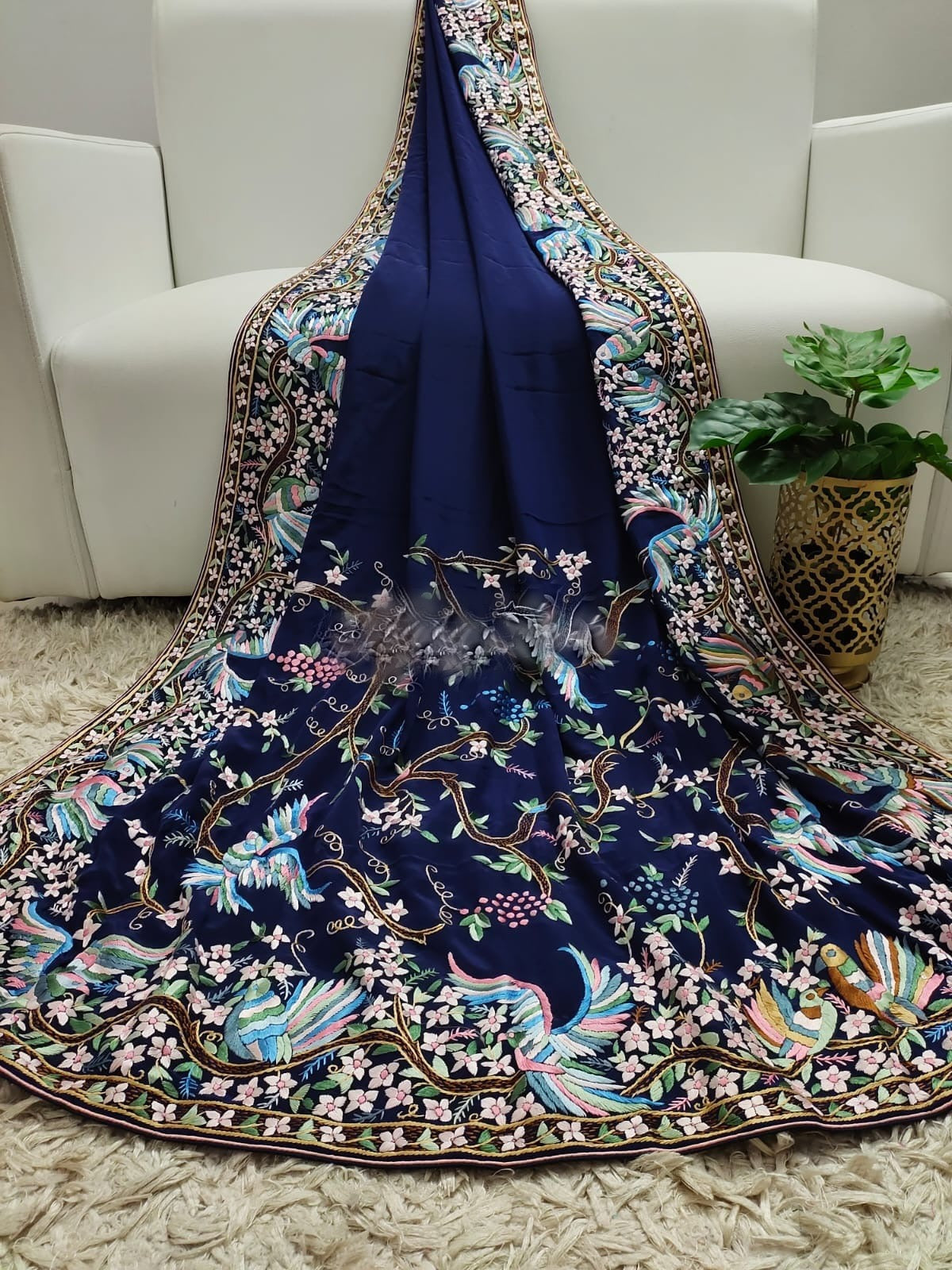 Royal blue Parsi gara crepe saree SaffronFashion