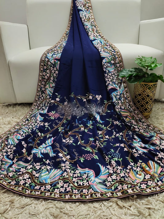 Royal blue Parsi gara crepe saree SaffronFashion