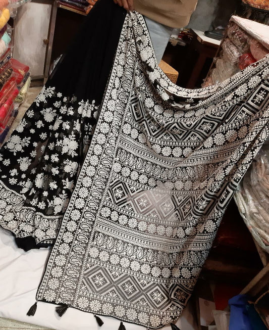 Black beauty Chikankari saree - Saffronfashionindia