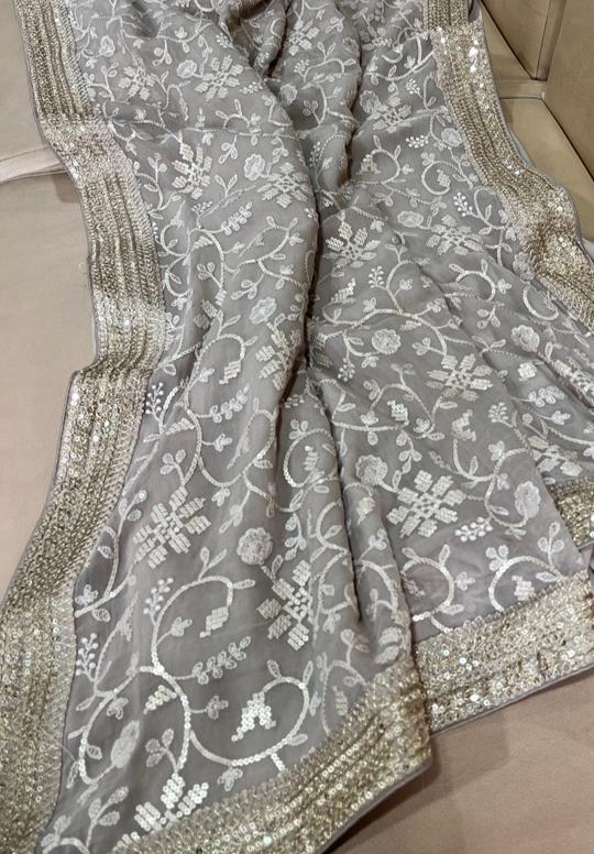 Nimil Chikankari gorgette saree - Saffronfashionindia