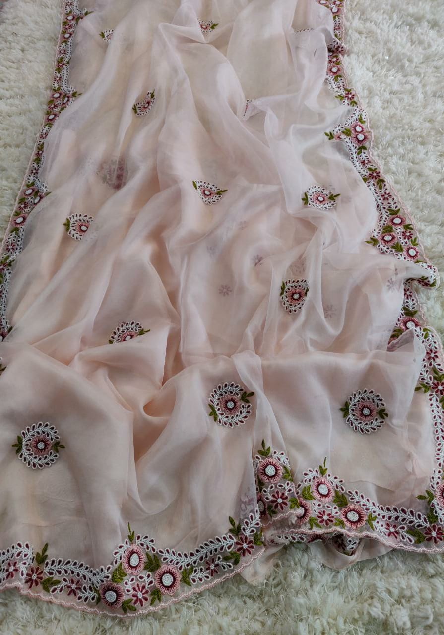 Pink organza saree - Saffronfashionindia