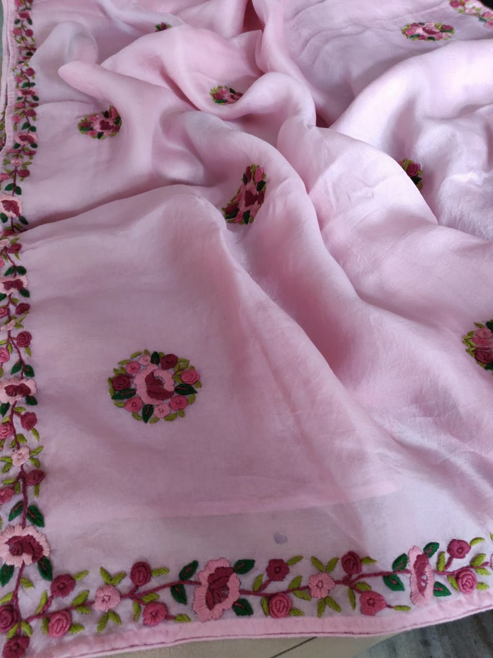 Pink French knot saree - Saffronfashionindia