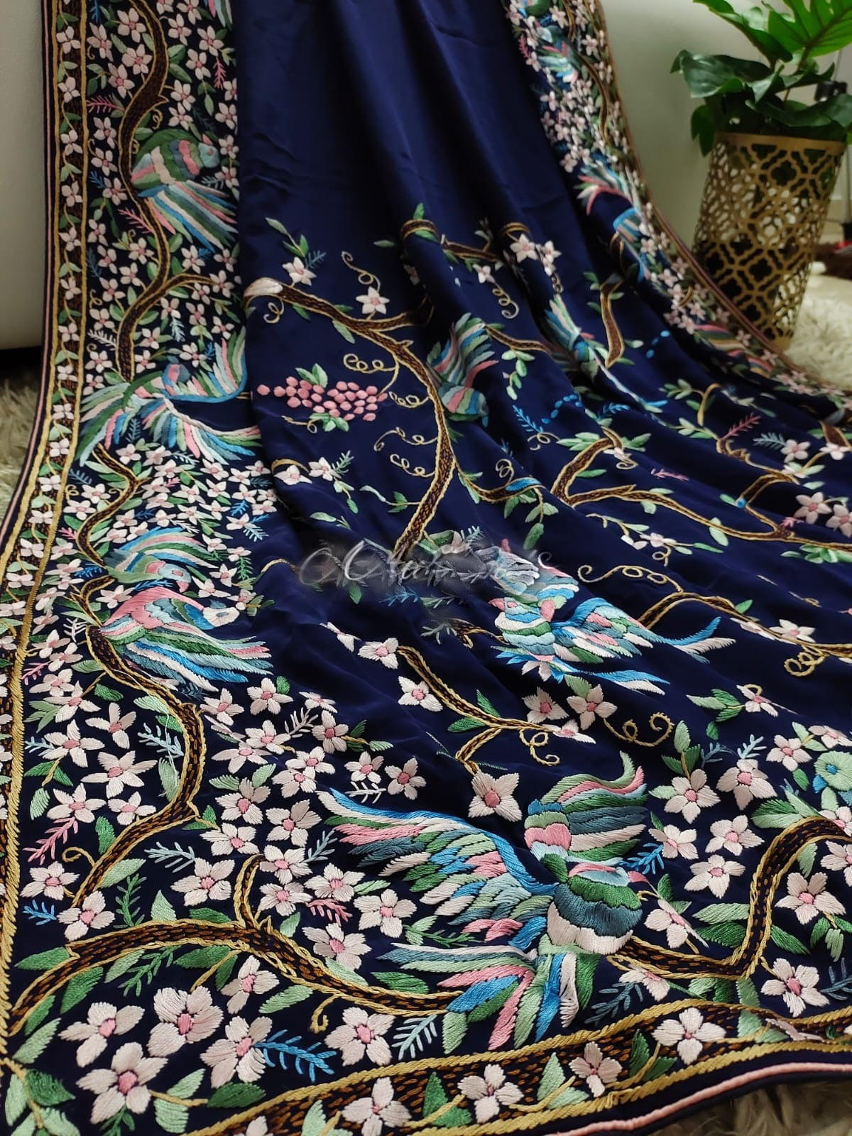 Royal blue Parsi gara crepe saree SaffronFashion