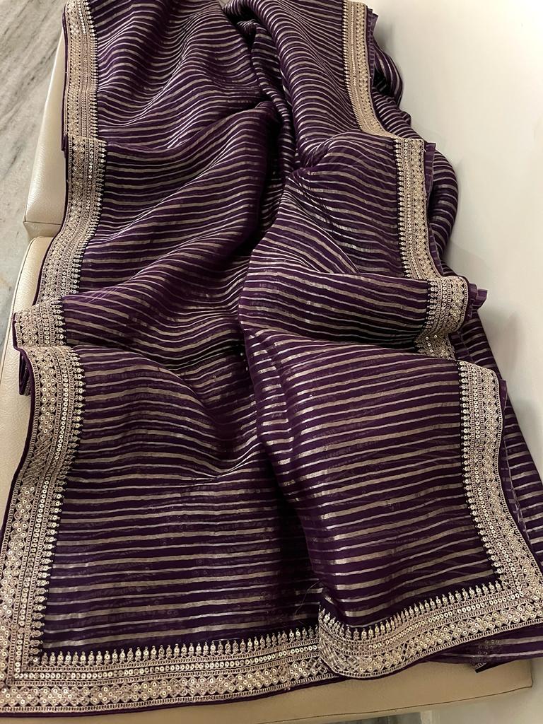 Blosom organza striped saree - Saffronfashionindia