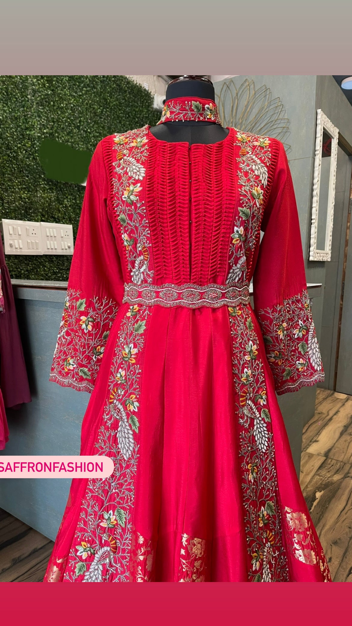 Red jamawar silk anarkali dress - Saffronfashionindia