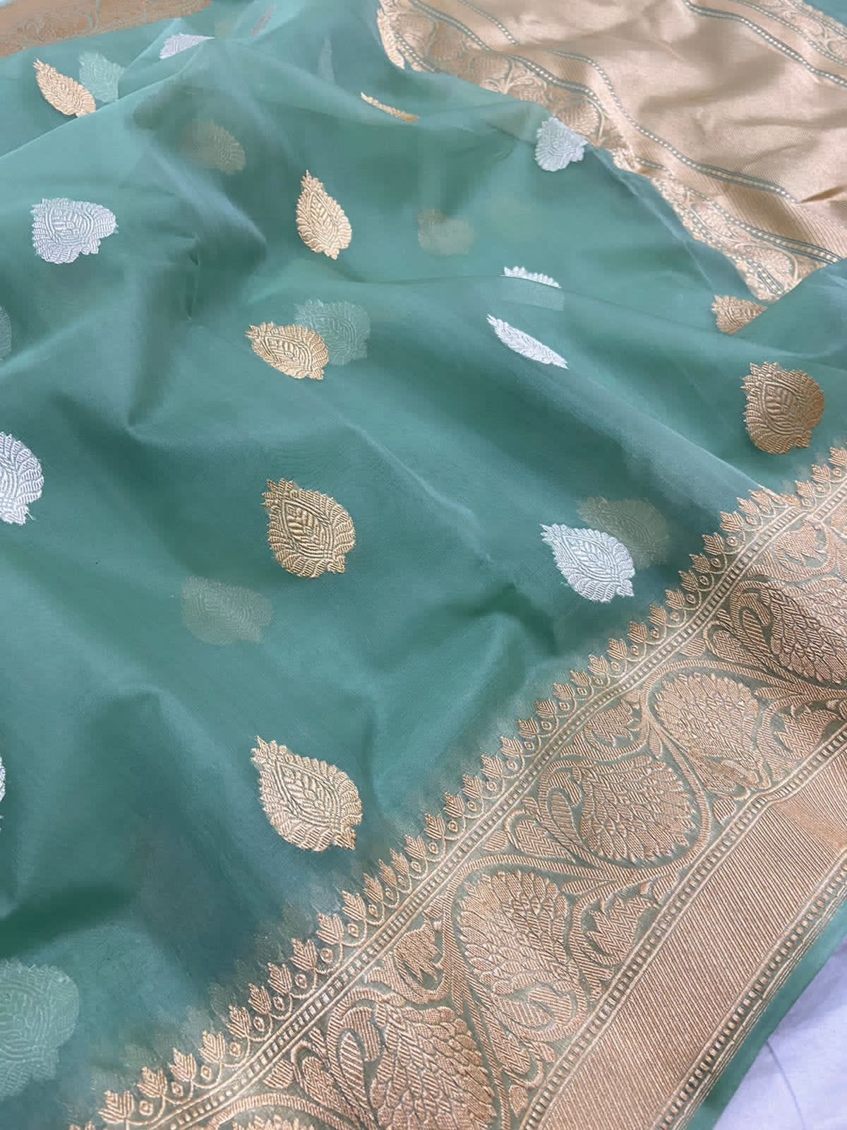 Saga green kora silk saree - Saffronfashionindia