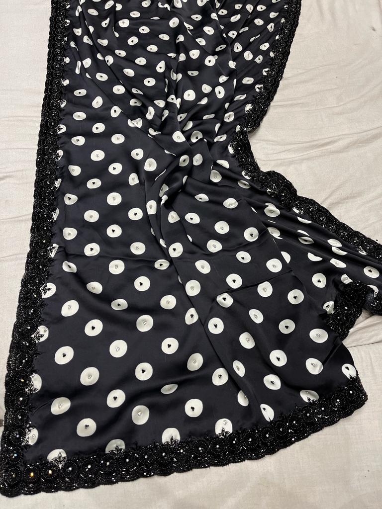 Black satin polka dot saree - Saffronfashionindia