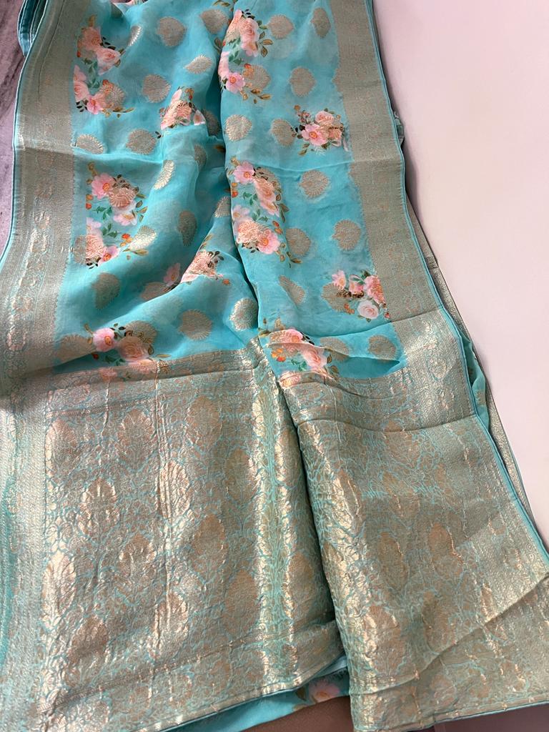 Vernia Banarsi gorgette sari Saffron fashion