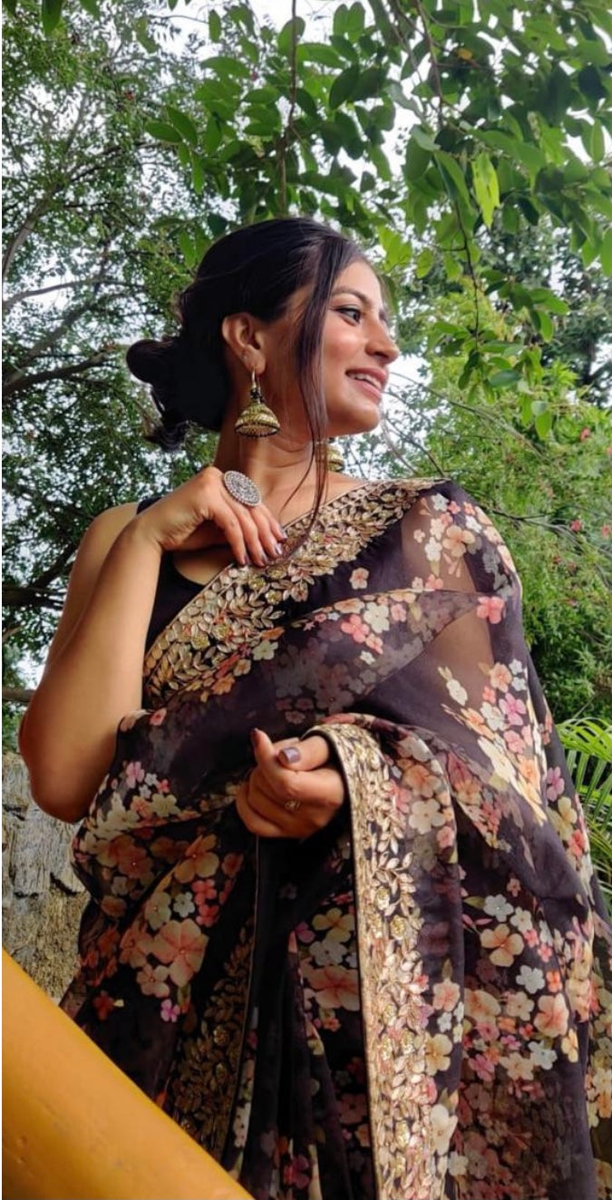 Floral organza saree party wear sarees blouse - Saffronfashionindia