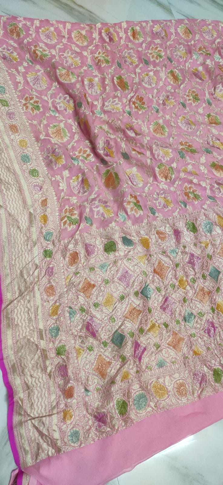 Water zari Meenakari khaddi gorgette saree - Saffronfashionindia