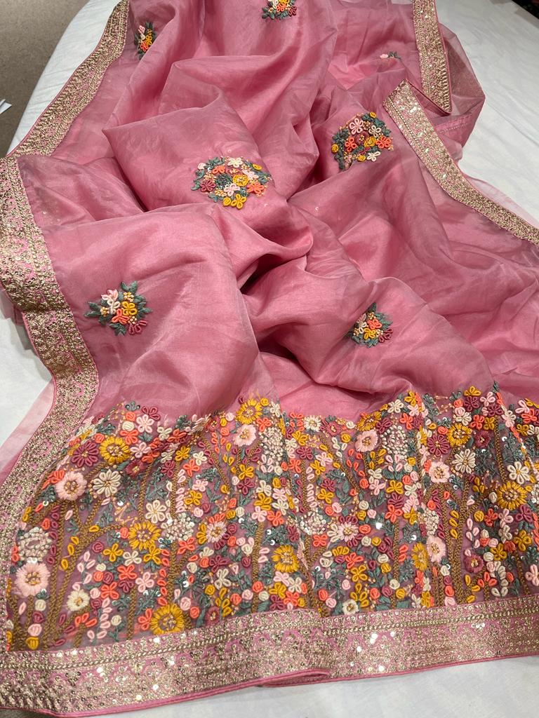 Benzie organza French knot saree - Saffronfashionindia