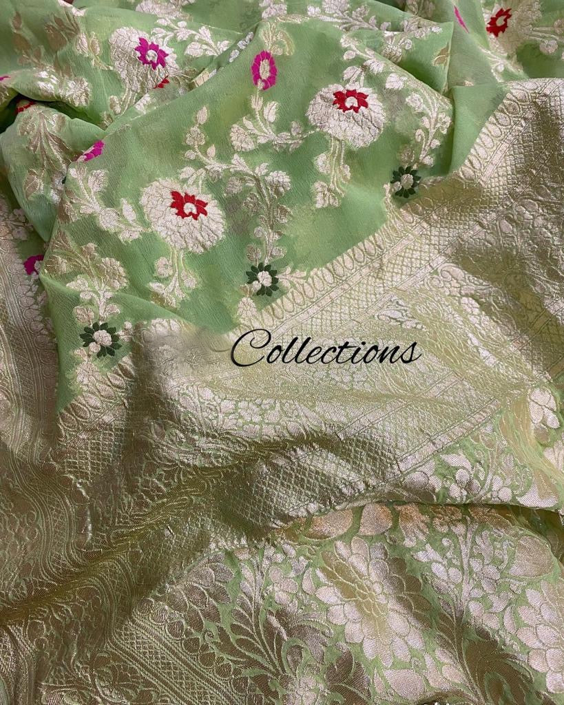 Mint handloom gorgette saree - Saffronfashionindia