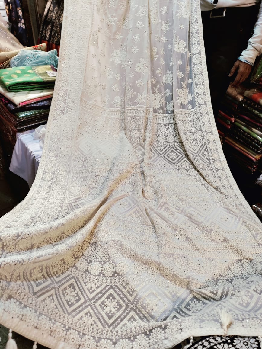 Chikankari gorgette global saree traditional sari Chikankari sari - Saffronfashionindia