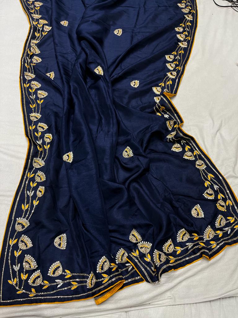 Blossom blue zardosi saree - Saffronfashionindia