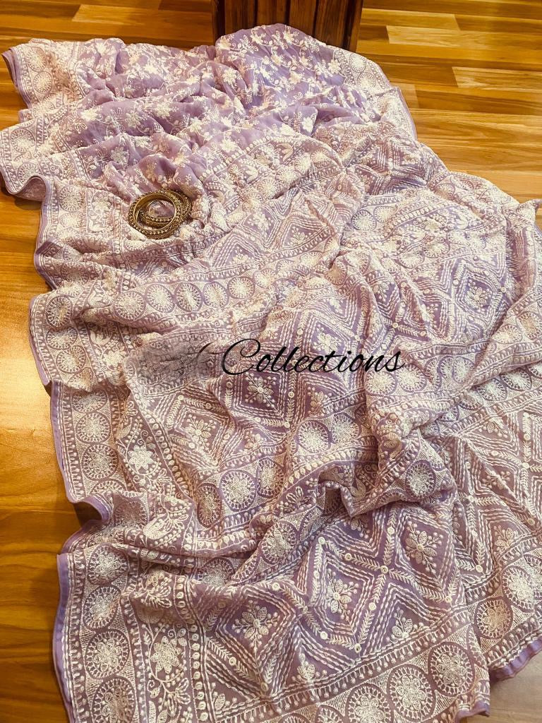 Pishika Chikankari gorgette saree - Saffronfashionindia