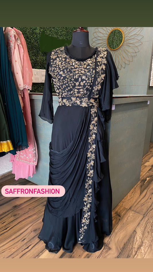 Black embroidered gown - Saffronfashionindia