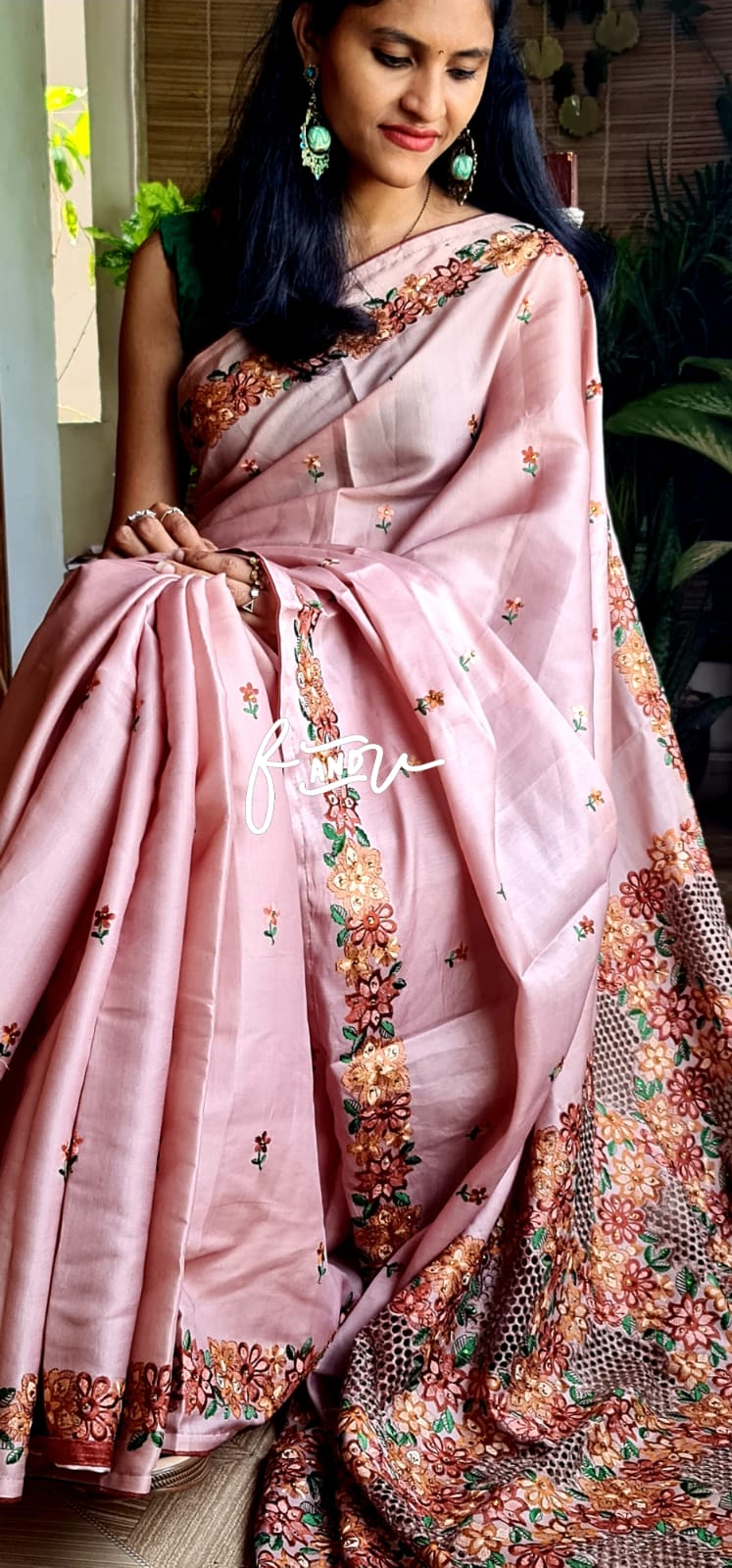 Floral soft tussar silk saree - Saffronfashionindia