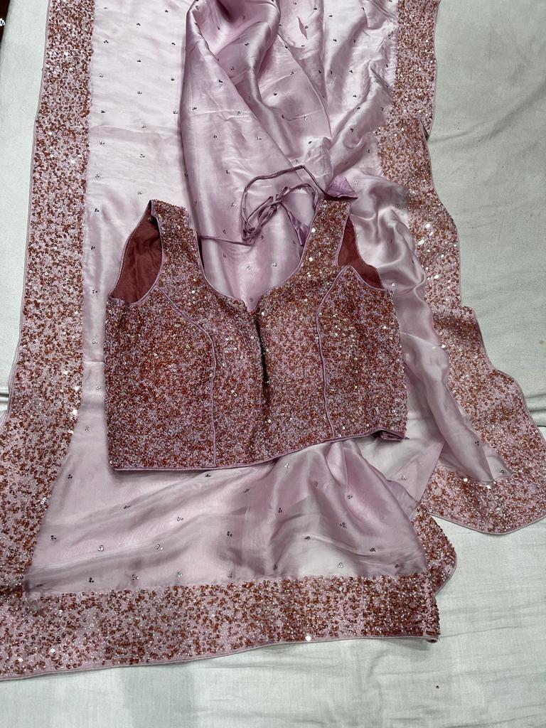 Purple handwork organza sari - Saffronfashionindia