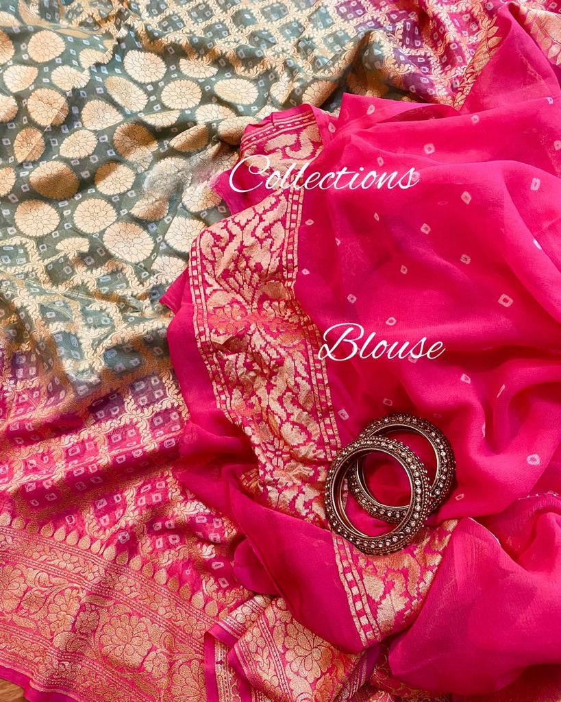 Weaving bandhani gorgette saree - Saffronfashionindia
