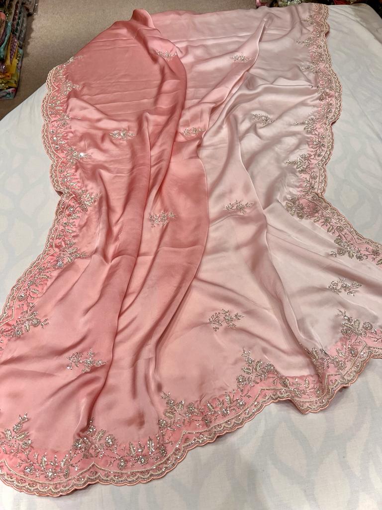 Satin shaded zardosi partywear saree - Saffronfashionindia