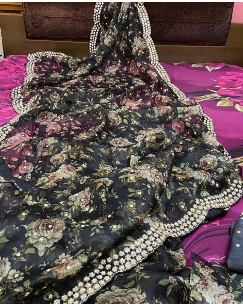 Black organza saree - Saffronfashionindia