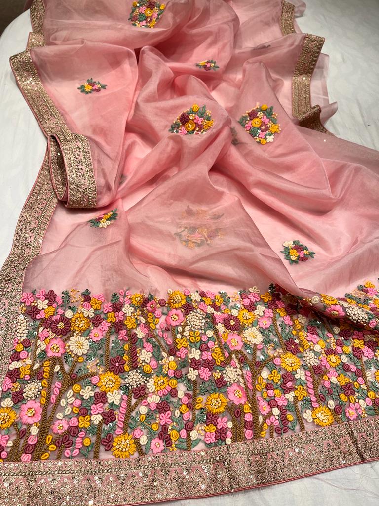 Unique organza embroidery saree - Saffronfashionindia