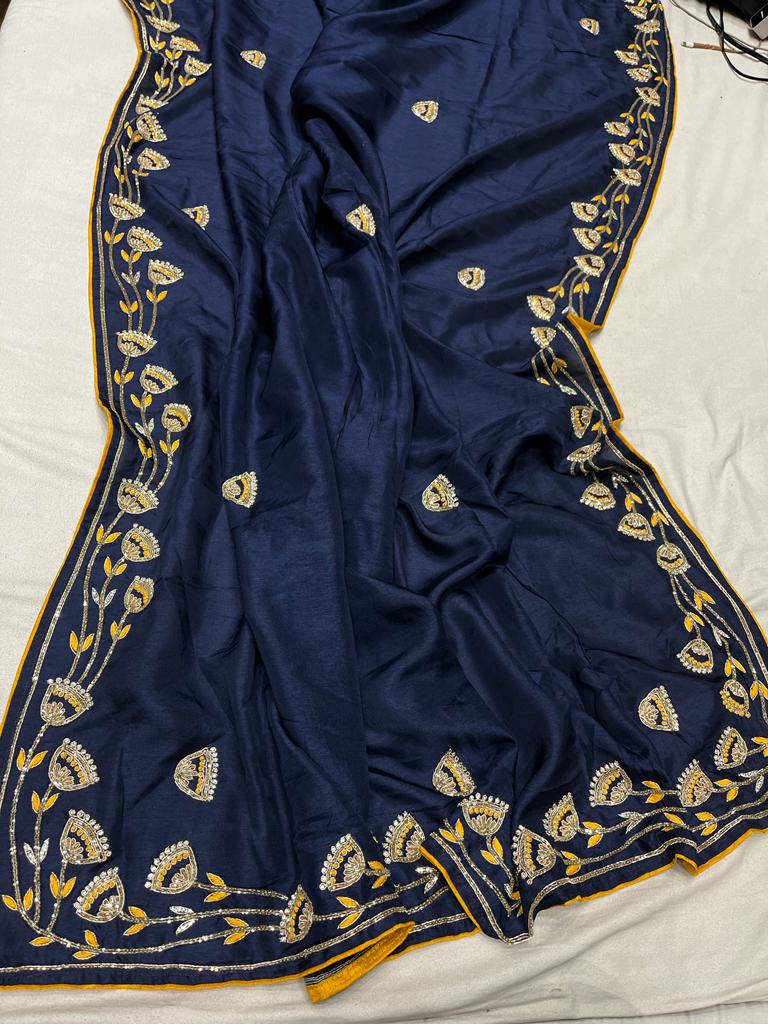 Blossom blue zardosi saree - Saffronfashionindia