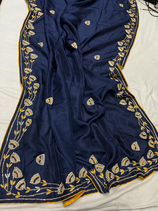 Blossom blue zardosi saree - Saffronfashionindia