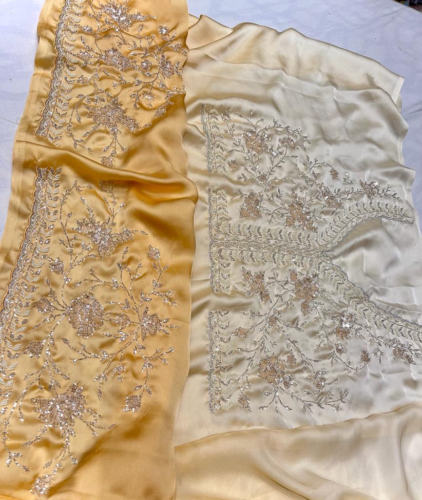 Satin shaded zardosi partywear saree - Saffronfashionindia