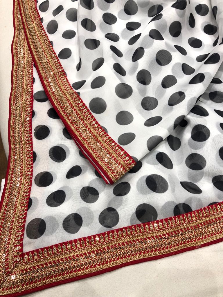 Zardosi bordered polka dot saree - Saffronfashionindia