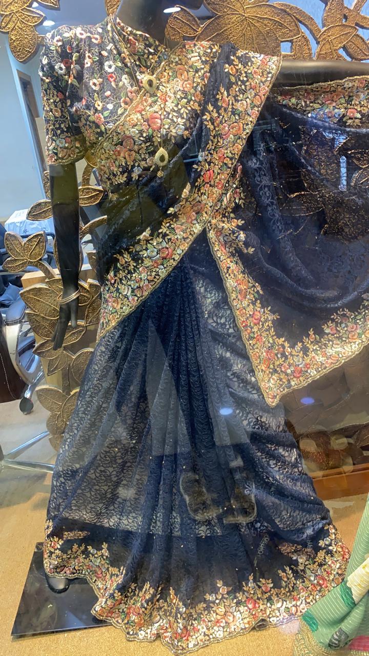 Embroidered chaintley lace saree - Saffronfashionindia