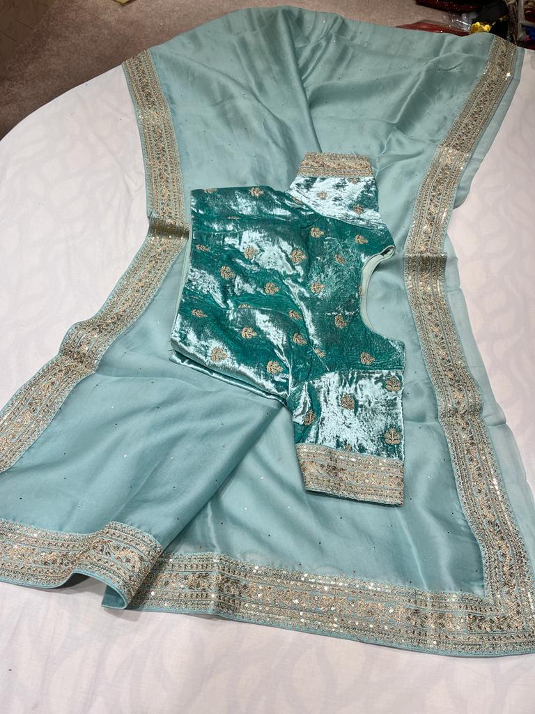 Velvet organza zardosi saree - Saffronfashionindia