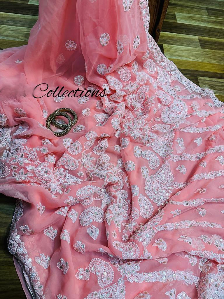 Embroidered Chikankari gottapatti inspired saree - Saffronfashionindia