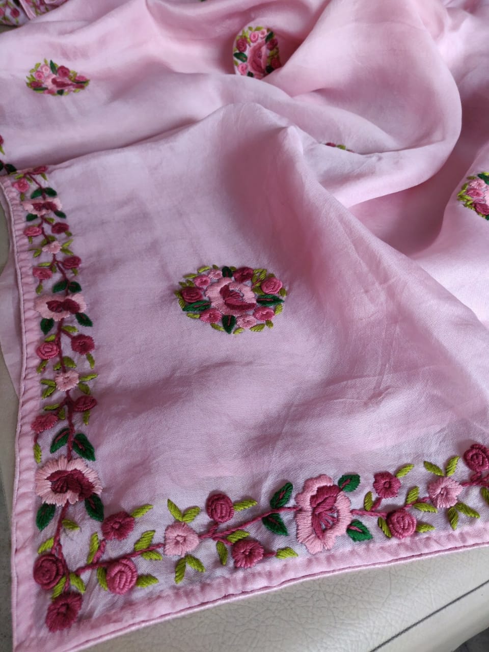 Pink French knot saree - Saffronfashionindia