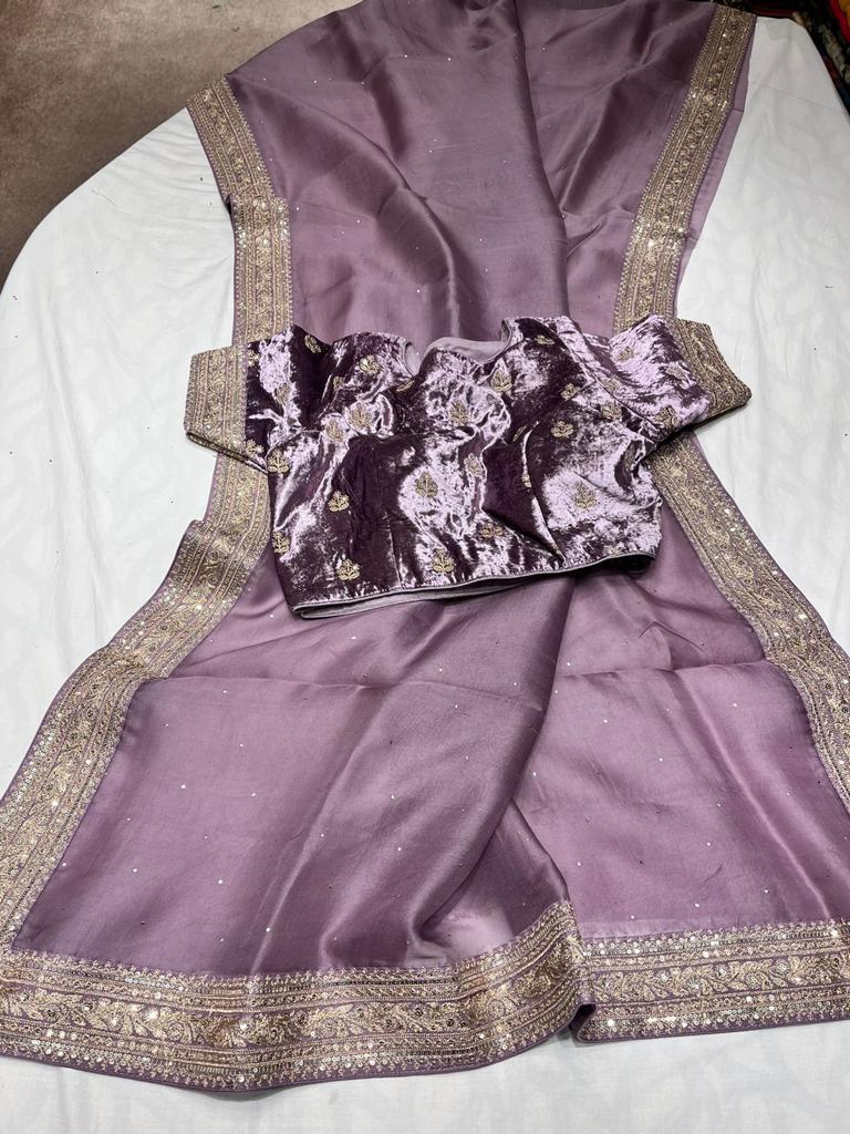 Velvet organza zardosi saree - Saffronfashionindia