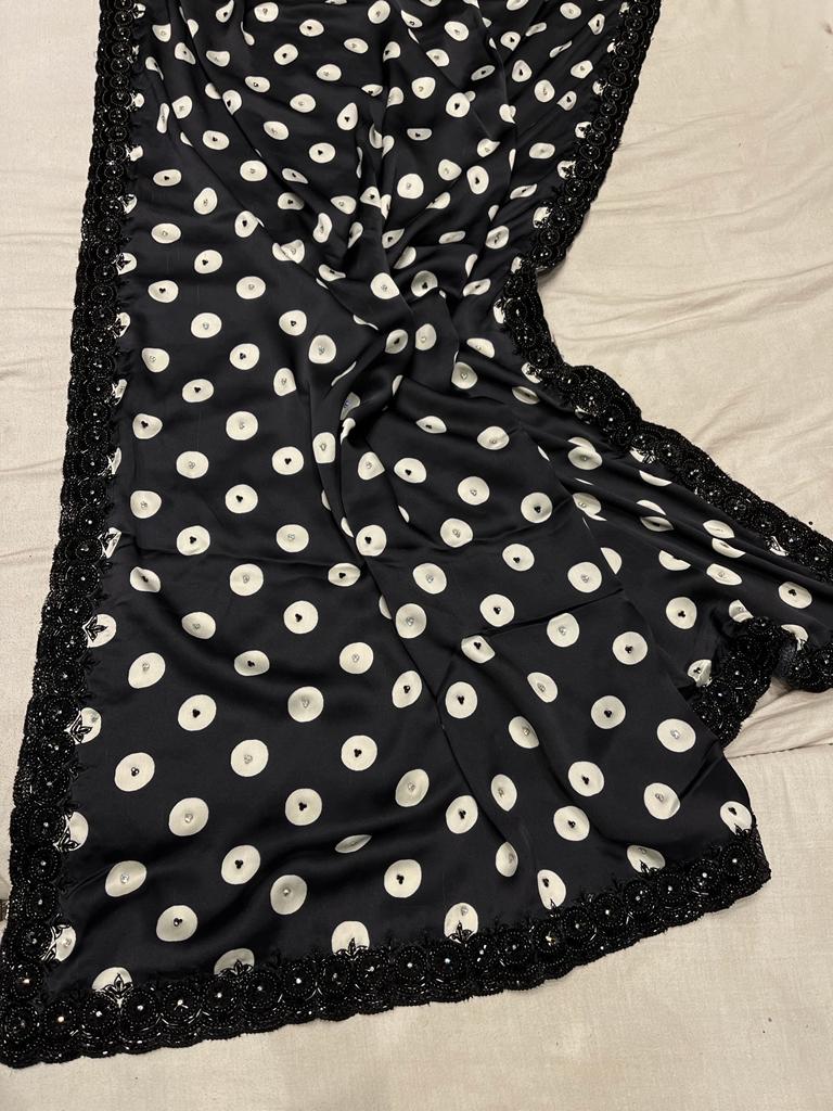 Black satin polka dot saree - Saffronfashionindia