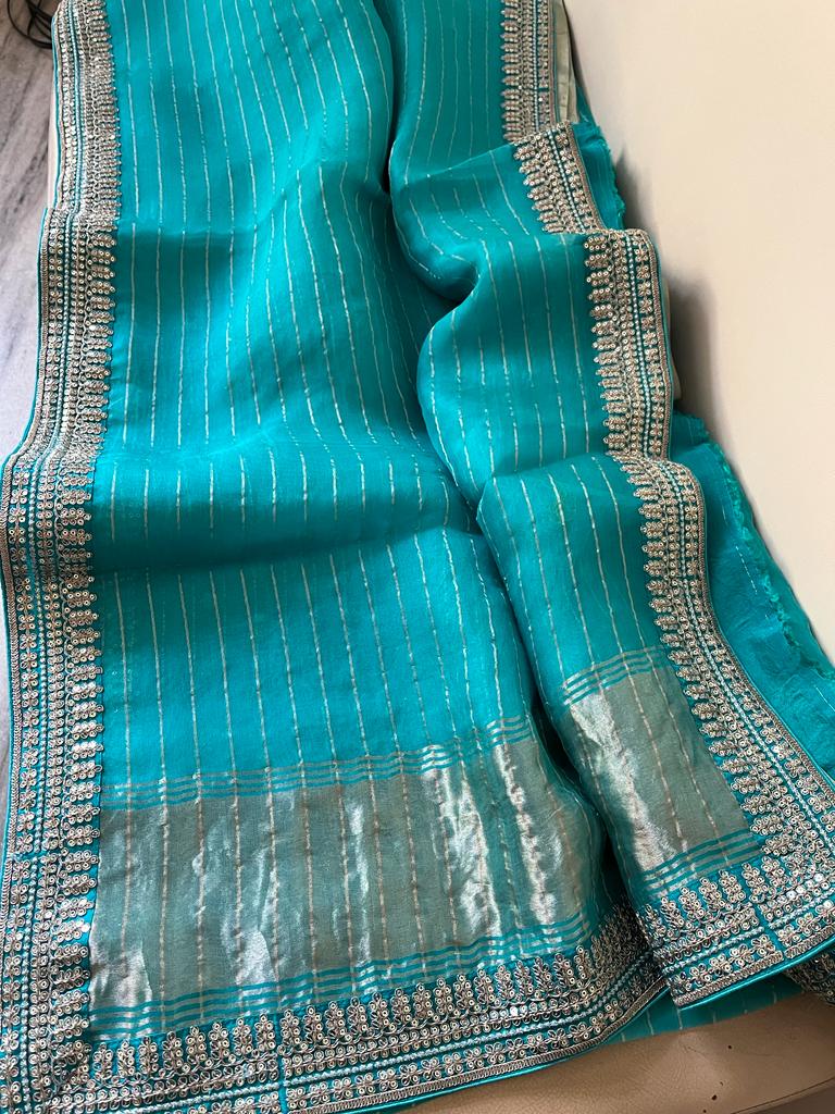 Striped organza saree - Saffronfashionindia