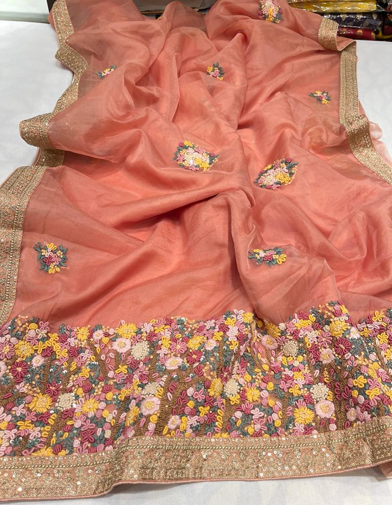 Benzie organza French knot saree - Saffronfashionindia